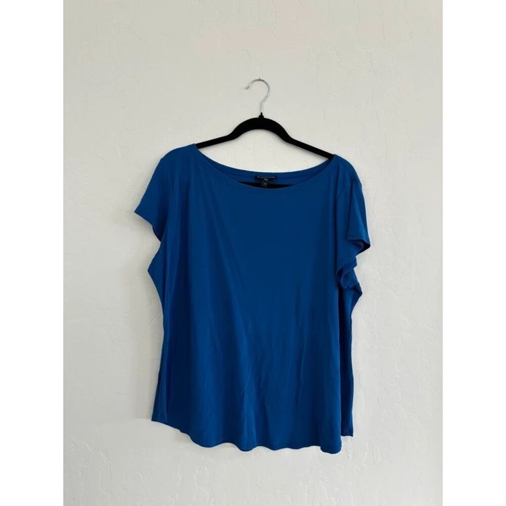 Eileen Fisher 100% Silk Royal Blue Boat Neck Top 1X Quiet Luxury Minimalist